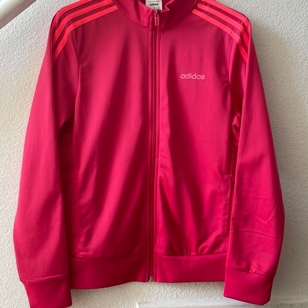 Adidas Hot Pink w/ Peachy stripes on sleeves Zip-Up Comfy Nice textured w/Collar